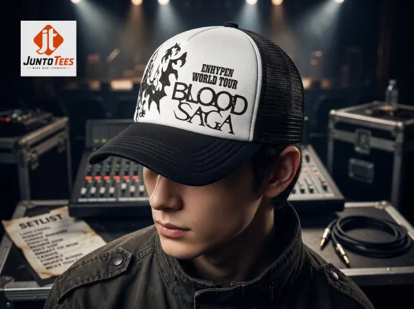 Lifestyle shot of a person wearing an ENHYPEN themed trucker cap near audio equipment.