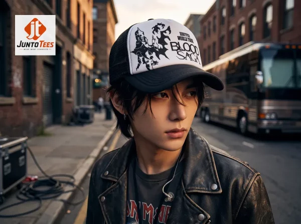 A black and white trucker hat featuring bold tour typography in a crisp graphic style. (Detail view #3)
