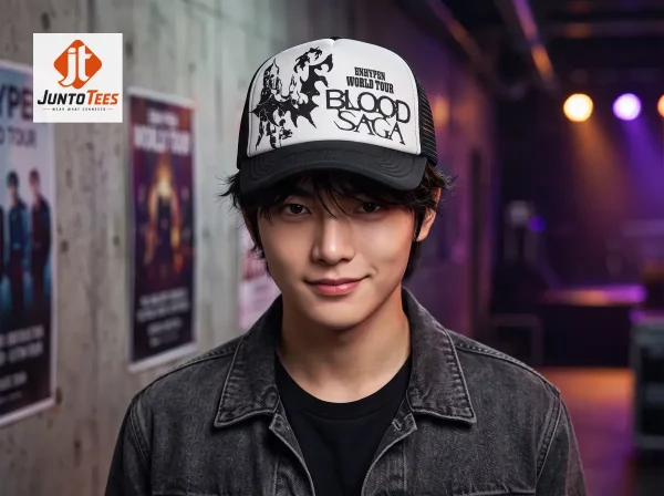 A black and white trucker hat featuring bold tour typography in a crisp graphic style. (Detail view #4)