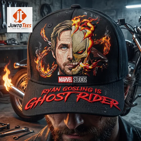 Authentic Ryan Gosling is Ghost Rider Marvel Studios Embroidered Baseball Cap product image at juntotees.com