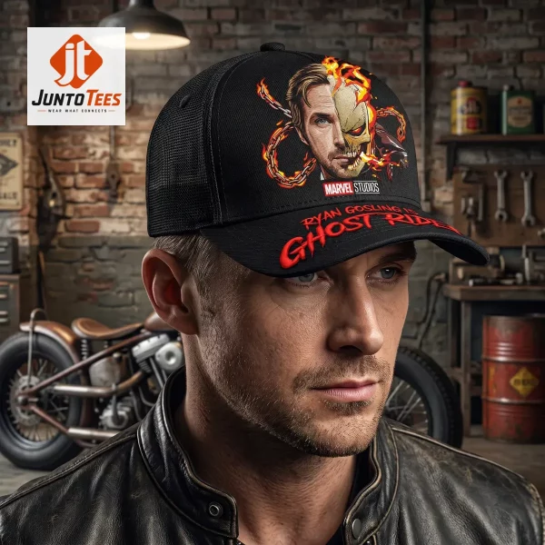 Ryan Gosling is Ghost Rider Marvel Studios Embroidered Baseball Cap 1 Detailed look of high-quality Ryan Gosling is Ghost Rider Marvel Studios Embroidered Baseball Cap in Hats