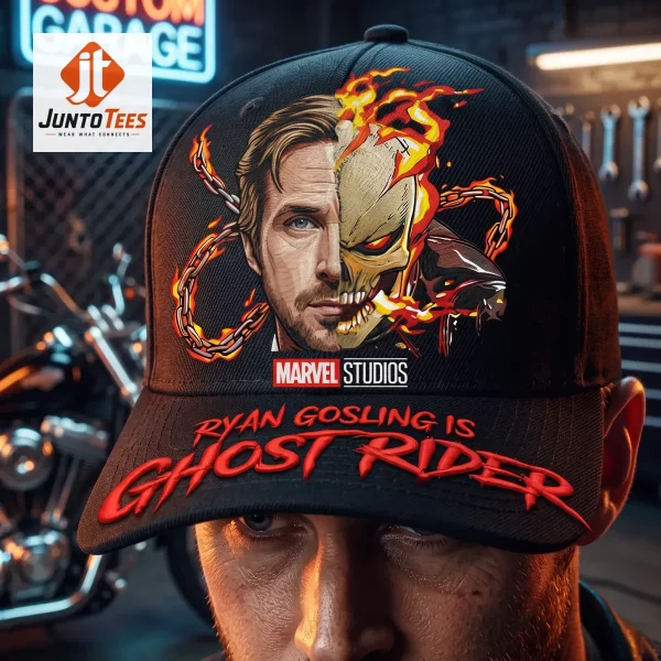 Ryan Gosling is Ghost Rider Marvel Studios Embroidered Baseball Cap 2 Exclusive Ryan Gosling is Ghost Rider Marvel Studios Embroidered Baseball Cap design from Juntotees