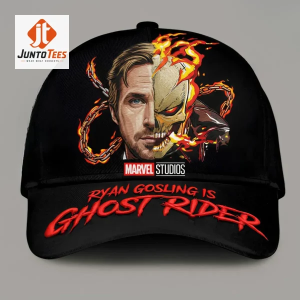 Ryan Gosling is Ghost Rider Marvel Studios Embroidered Baseball Cap 3 Close-up highlight of Ryan Gosling is Ghost Rider Marvel Studios Embroidered Baseball Cap styled with