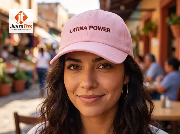 Pink Latina Power Embroidered Hat Smithsonian 2 A soft pink cotton baseball cap with Latina Power embroidery in dark red thread. (Detail view #3)