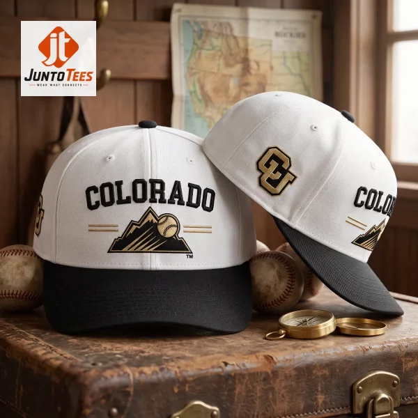 A clean studio shot of a white and black cap with a printed mountain-baseball logo.