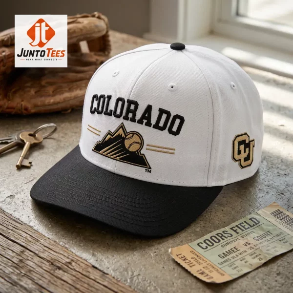 Colorado Rockies University of Colorado Hat August 21st 2026 Giveaway 2 A clean studio shot of a white and black cap with a printed mountain-baseball logo. (Detail view #3)