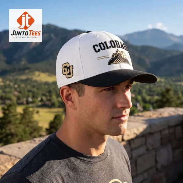 Colorado Rockies University of Colorado Hat August 21st 2026 Giveaway 3 A clean studio shot of a white and black cap with a printed mountain-baseball logo. (Detail view #4)