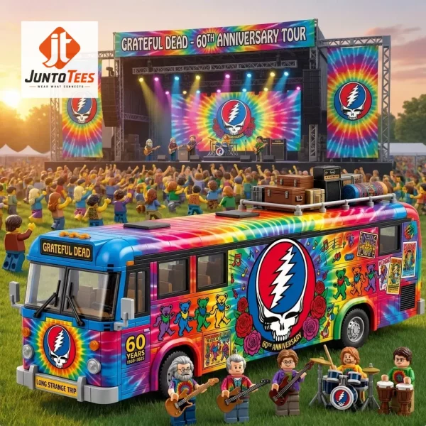 Detailed brick-built psychedelic tour bus with tie-dye graphics and concert figures.