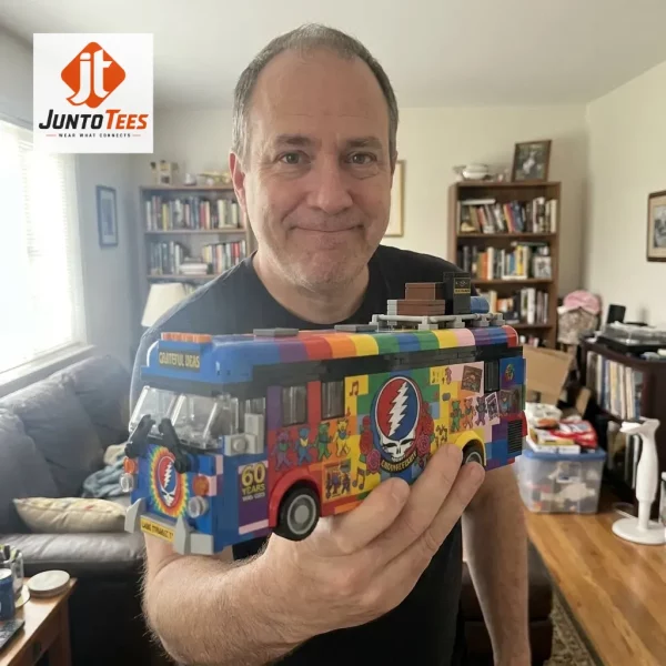 Grateful Dead 60th Anniversary Psychedelic Bus Building Block Set 1 A rock band minifigure group playing instruments in front of a brick bus.