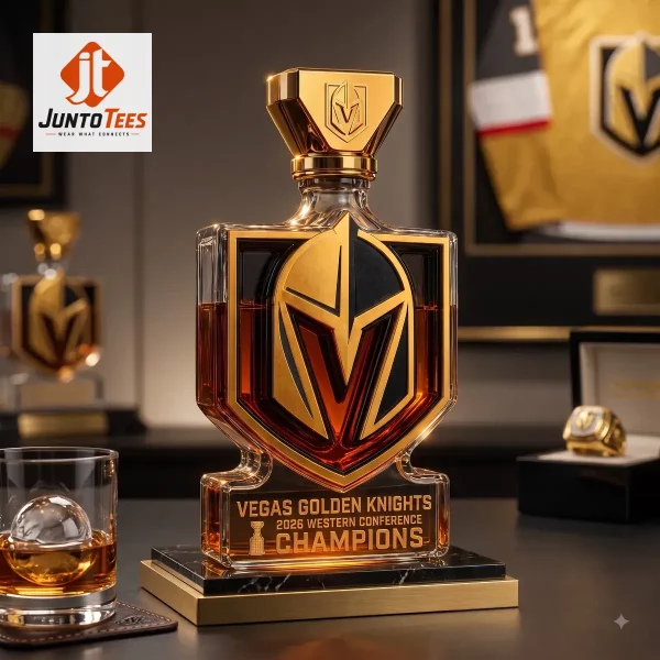 Vegas Golden Knights themed whiskey decanter with championship text.