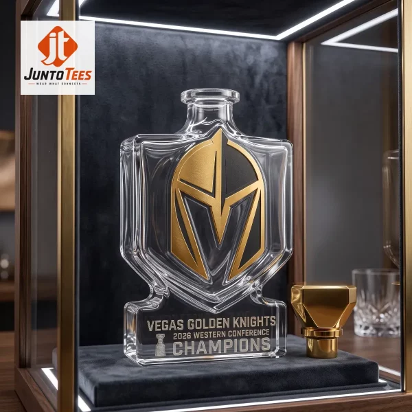 Vegas Golden Knights 2026 Western Conference Champions Glass Whiskey Decanter 1 Lifestyle shot of a golden knight whiskey decanter in a home bar setting.