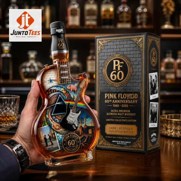 Guitar-shaped glass whiskey bottle featuring Pink Floyd album art.