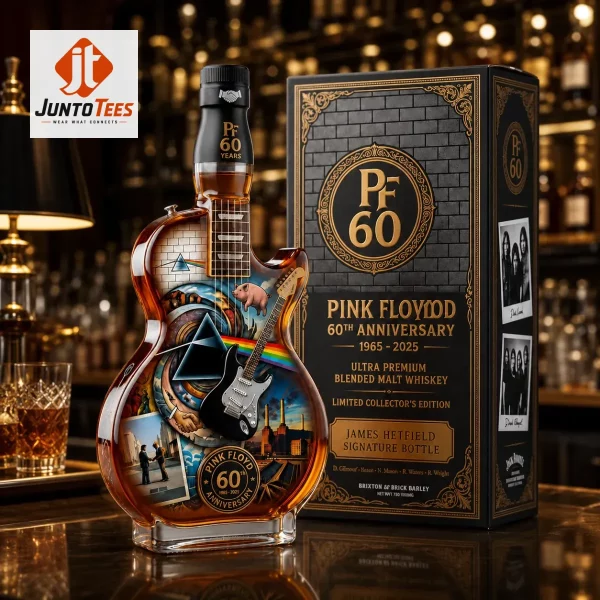 Detailed shot of the guitar-shaped whiskey decanter next to its thematic black and gold gift box.
