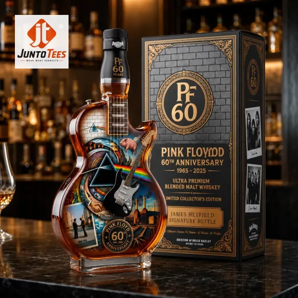 Guitar-shaped glass whiskey bottle featuring Pink Floyd album art. (Detail view #4)