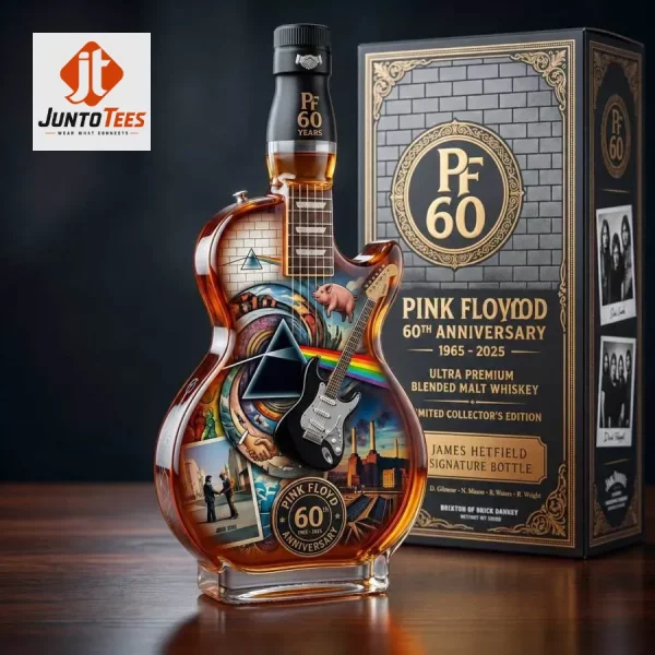 Guitar-shaped glass whiskey bottle featuring Pink Floyd album art. (Detail view #5)