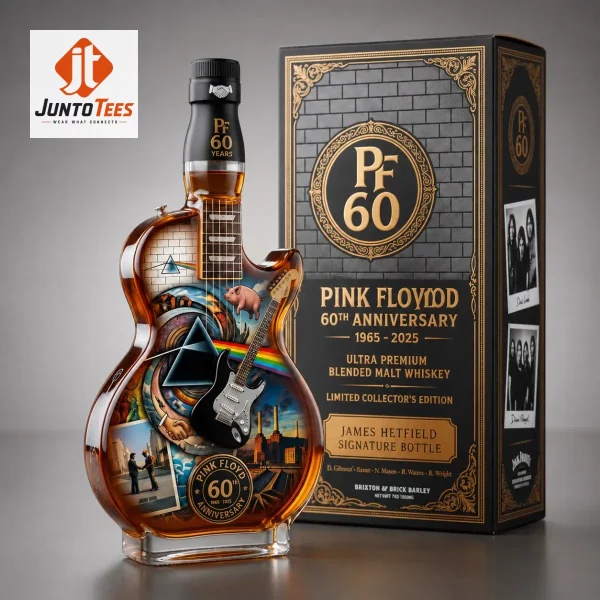 Guitar-shaped glass whiskey bottle featuring Pink Floyd album art. (Detail view #6)
