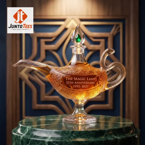 A glass magic lamp decanter with anniversary text on a marble stand.