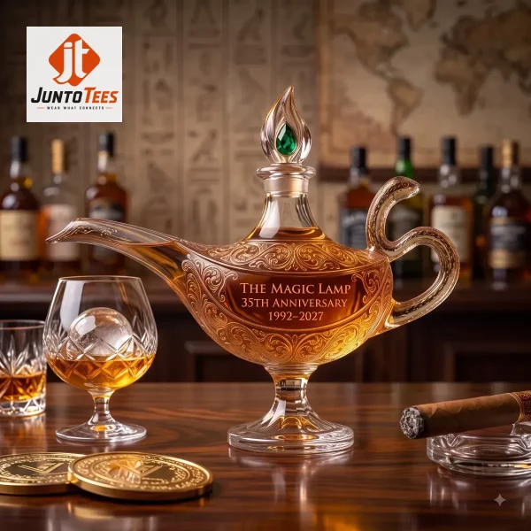Detail view of the magic lamp decanter showing ornate golden scrollwork and the emerald gemstone stopper.