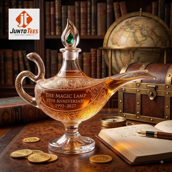 A glass magic lamp decanter with anniversary text on a marble stand. (Detail view #3)