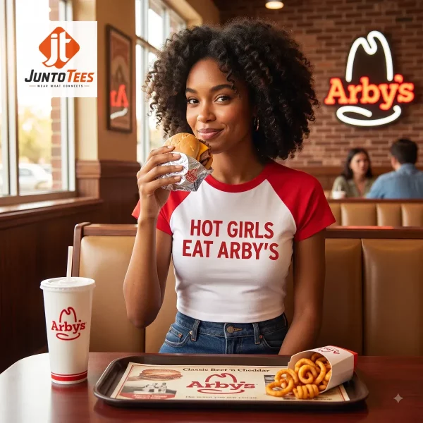 Woman in a cropped baby tee with red graphic text eating a sandwich at Arby's.