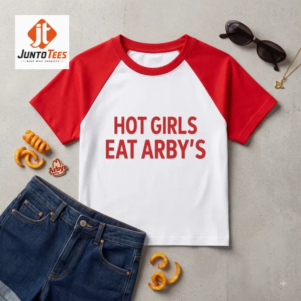 Woman in a cropped baby tee with red graphic text eating a sandwich at Arby's. (Detail view #4)