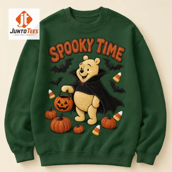 Winnie the Pooh vampire embroidery on forest green sweatshirt