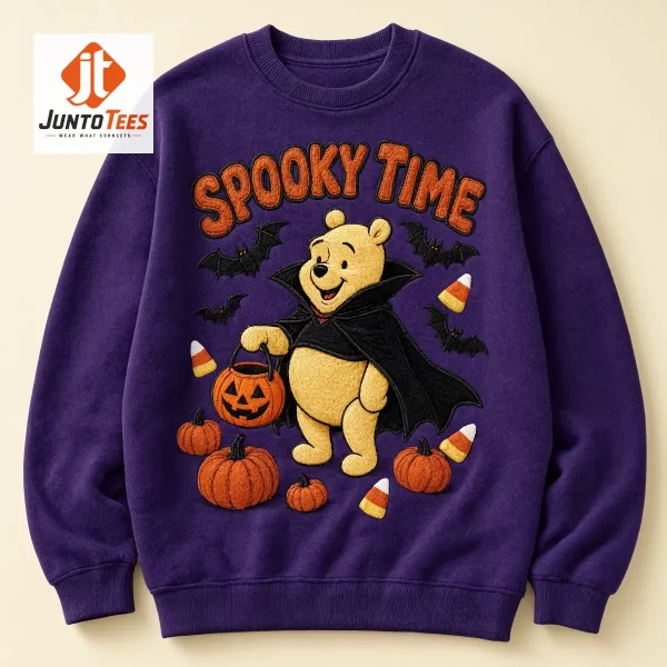 Winnie the Pooh vampire embroidery on forest green sweatshirt (Detail view #2)