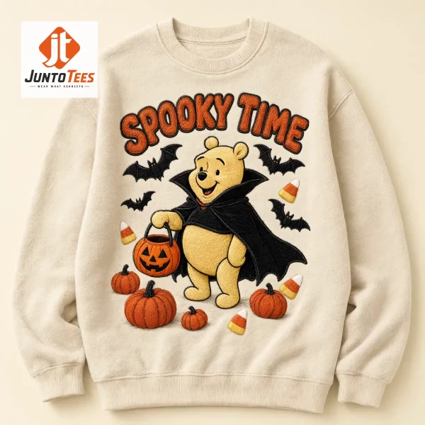 Winnie the Pooh vampire embroidery on forest green sweatshirt (Detail view #3)