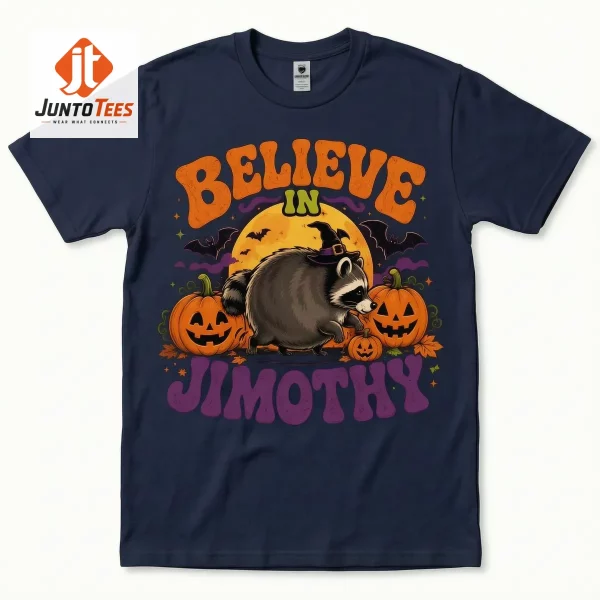 Graphic raccoon wearing a witch hat on a navy blue t-shirt.
