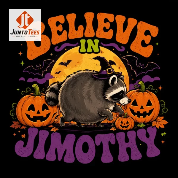 Graphic raccoon wearing a witch hat on a navy blue t-shirt. (Detail view #3)