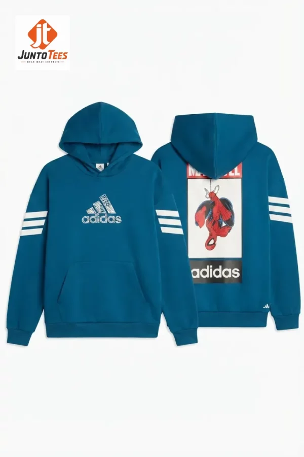 Ocean teal hoodie featuring Spider-Man graphic on back