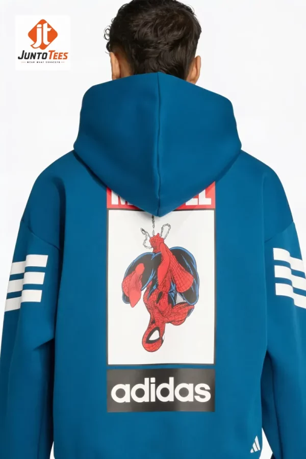 Detail of the Spider-Man graphic print on the back of a teal hoodie