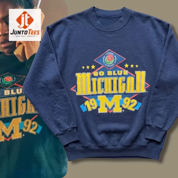 Navy blue unisex sweatshirt with a 1992 Michigan Rose Bowl graphic print.