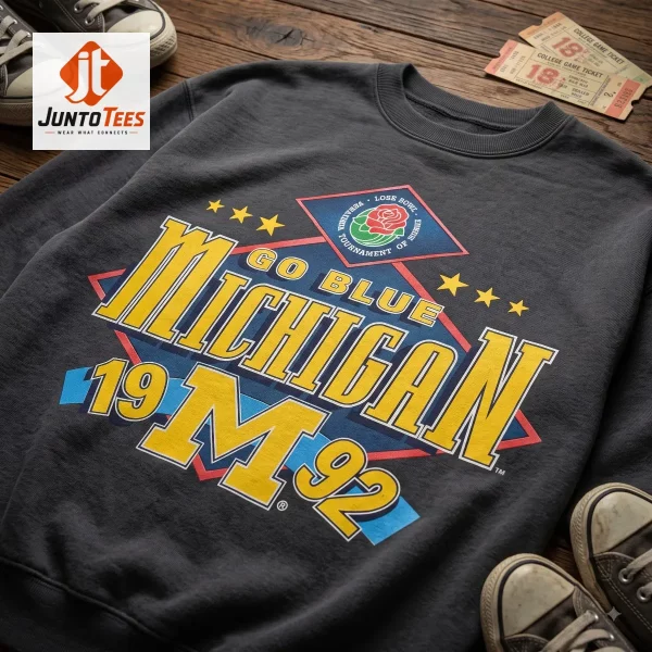 Power Book III: Raising Kanan S5 Hailey Kilgore Vintage Michigan Wolverines 1992 Rose Bowl Go Blue T Shirt Sweatshirt Hoodie 1 Model wearing a navy 1992 Michigan sweatshirt while holding a vintage telephone.