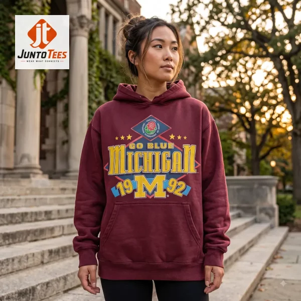 Power Book III: Raising Kanan S5 Hailey Kilgore Vintage Michigan Wolverines 1992 Rose Bowl Go Blue T Shirt Sweatshirt Hoodie 2 Navy blue unisex sweatshirt with a 1992 Michigan Rose Bowl graphic print. (Detail view #3)