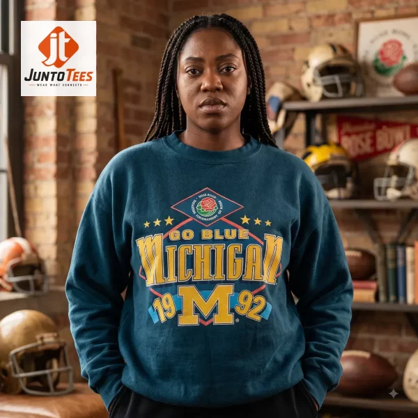 Power Book III: Raising Kanan S5 Hailey Kilgore Vintage Michigan Wolverines 1992 Rose Bowl Go Blue T Shirt Sweatshirt Hoodie 4 Navy blue unisex sweatshirt with a 1992 Michigan Rose Bowl graphic print. (Detail view #5)