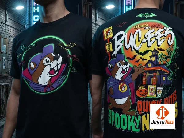 Detailed view of the front graphic featuring a smiling beaver in a vampire cape on a black t-shirt.