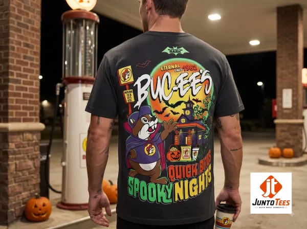 New 2026 Buc-ee’s Halloween Spooky Nights Beaver T-Shirt 1 The reverse side of the black t-shirt displaying a vibrant, detailed scene of a beaver mascot before a haunted house.
