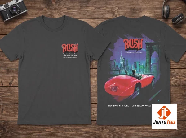 Front and back view of a charcoal tour t-shirt.