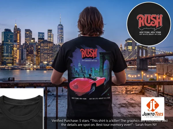 Front and back view of a charcoal tour t-shirt. (Detail view #3)