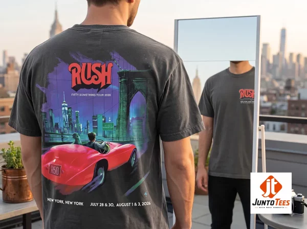 Front and back view of a charcoal tour t-shirt. (Detail view #4)