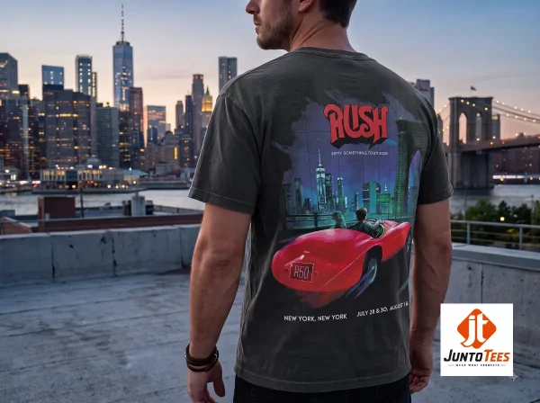 Front and back view of a charcoal tour t-shirt. (Detail view #5)