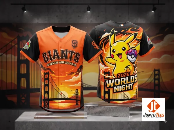 San Francisco Giants Pokemon Worlds Night 2026 Pikachu Baseball Jersey 1 Detailed look of high-quality San Francisco Giants Pokemon Worlds Night 2026 Pikachu Baseball Jersey in Baseball Jersey Shirts