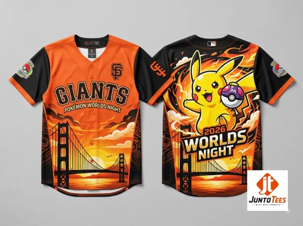 San Francisco Giants Pokemon Worlds Night 2026 Pikachu Baseball Jersey 2 Exclusive San Francisco Giants Pokemon Worlds Night 2026 Pikachu Baseball Jersey design from Juntotees