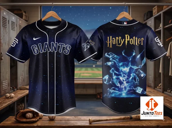 Front and back view of a midnight blue baseball jersey with Patronus and SF Giants graphics.