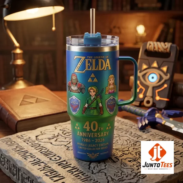 Legend of Zelda 40th Anniversary tumbler on a stone map surface.