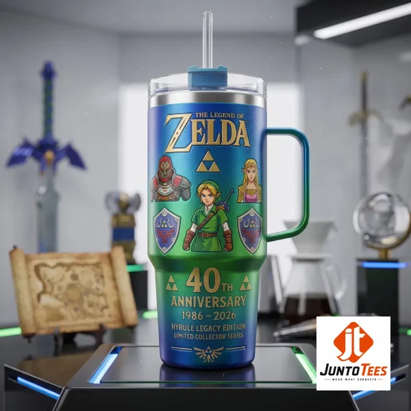 Detail view of the Zelda anniversary tumbler featuring Link and Triforce print.