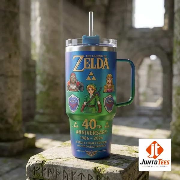 Legend of Zelda 40th Anniversary tumbler on a stone map surface. (Detail view #3)