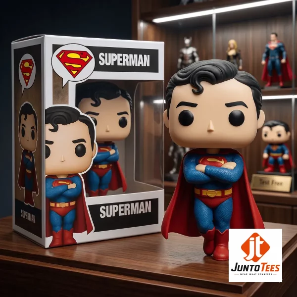 Stylized Superman resin figure standing on a polished wooden surface with its packaging box.