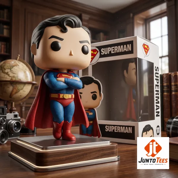 Superman Classic Blue Suit Funko Pop Resin Figure 1 Stylized Superman resin figure standing on a polished wooden surface with its packaging box. (Detail view #2)